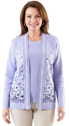 Ladies Flower Twin Set Cardigan Long Sleeve Open Front Knitwear with Ribbed Hem Comfortable Layered Look Contrast Trim Detail UK Size M to XL