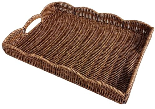 Rattan Tray 15x11x2in Large Woven Ventilate Rectangular Serving Tray with Handles Rustic Decorative Basket for Fruit Vegetables Bread Snacks Coffee Table Dining Home Display, Coffee