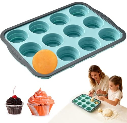 Silicon Muffin Tray 12 Cups,Silicone Deep Muffin Trays with Metal Frame | Large Cake Silicone Moulds,31x22.2x3.6cm,Pudding Tray Semicircle,Non Stick Baking Trays for Baking,BPA Free,Blue
