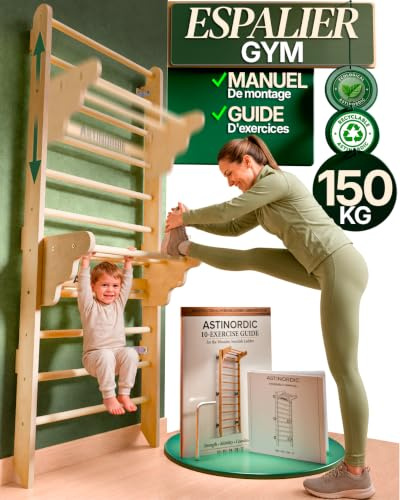 ASTINORDIC Espalier Bois avec Barre de Traction | Échelle Suédoise pour Enfants & Adultes | Espalier Gym à Domicile | Charge Max. 150 kg | Montage Facile | Guide d'Exercices Inclus