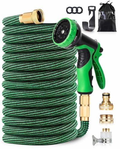 Tuyau d’Arrosage Flexible Extensible 150FT pour Jardin avec Douchette Multifonction 10 Jets, Connecteurs Universels 1/2’’ et 3/4’’, Embouts Renforcés en Métal, Noir Vert