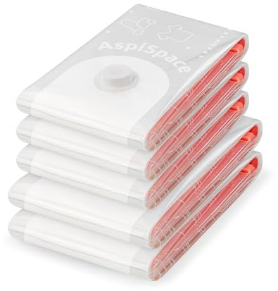 Compactor Aspispace Set of 5 Vacuum Compression Bags – 3X M (55X90 cm), 2X L (80X100 cm), Transparent, Reusable, Durable, Easy-to-Use