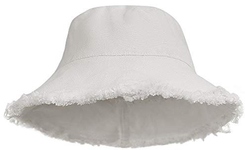 Damen Fischerhut im Used-Look, Sonnenschutz, gewaschene Baumwolle, Sommerhut mit breiter Krempe, Strandkappe (7 1/8 Größe) (Weiß 01)