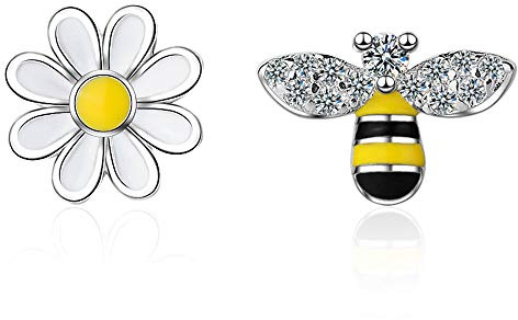 Tiny Mini Bee Daisy Flower Asymmetric Stud Earrings for Women Teen Girls Sensitive Ear Fashion CZ Animal Cute Piercing Post Hypoallergenic Fashion Jewelry Gifts Birthday