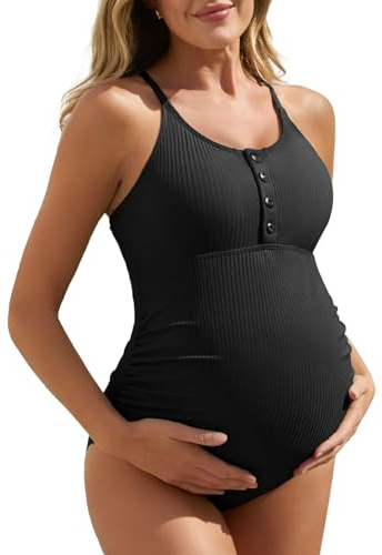 Summer Mae Maternity Swimsuit One Piece Bathing Suit Button Neck Cross Back Black M