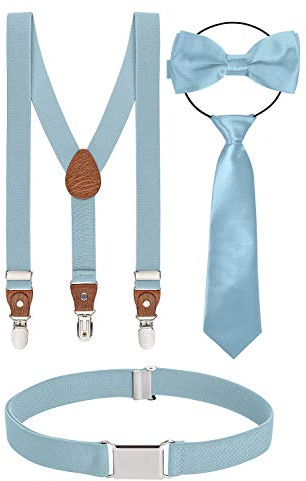 BomGuard Set di 4, Bretelle per bambino + papillon + cravatta + cintura, blu chiaro