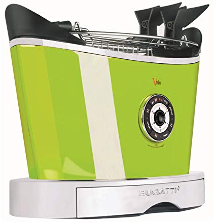 BUGATTI, Volo, Tostador Eléctrico con Asas, 4 Funciones, 6 Niveles de Tostado, Diseño Innovador, Cuerpo en Acero Inoxidable, Potencia 930 W, Color Cromo (Manzana Verde)