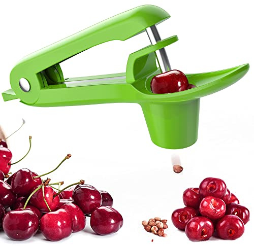 Cherry Pitter - Ordekcity Stainless Steel Cherries Corer Pitter Tool with Hand-held Push Design, Save Time & Space for Making Cherry Jam with Lock Design(Green)