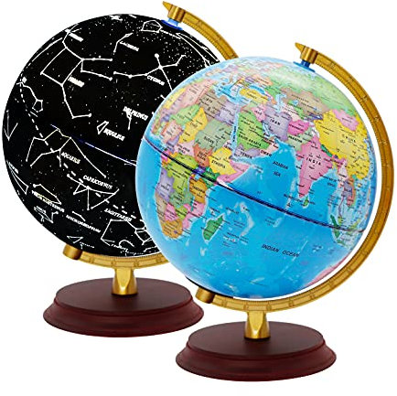 Exerz Illuminated World Globe 20cm Diameter Wooden Base - Political Map in English (Day) - Constellation Stars (Night)