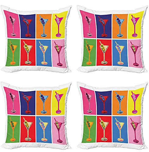 ABAKUHAUS Alcohol Throw Pillow Cushion Case Pack of 4, Colorful Martini Glass, Modern Accent Double-sided Digital Printing, 50 cm x 50 cm, Multicolor