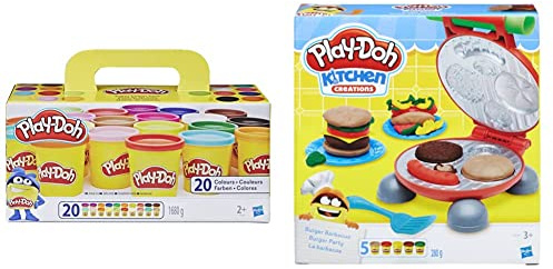 Play-Doh, 20 Pots de Pate A Modeler, Super Couleurs, 84 g chacun & Kitchen, Burger Party avec 5 Pots de Pate a Modeler, Jouet créatif a partir de 3 Ans