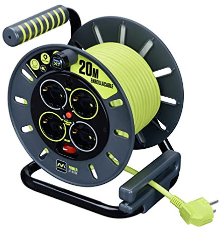 Masterplug Pro-XT Enrollacables de carrete de cable abierto de cuatro tomas con asa de bobinado, interruptor térmico e interruptor de alimentación, cable de alta visibilidad de 20 metros