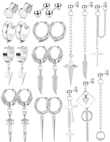 Fiasaso 22Pcs Dangle Earrings for Men Stainless Steel Hinged Hoop Long Chain Stud Cross Set Kpop Mens Silver