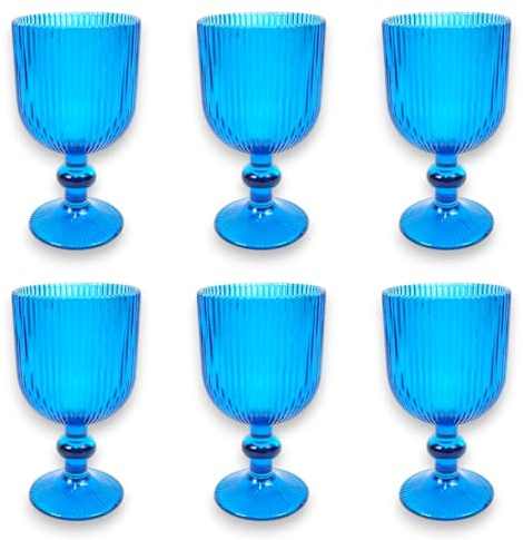 KORAT Set 6 Calici in Vetro Blu 260 ml – Bicchieri Eleganti da Tavola in Vetro Rigato Alta Qualità, Ideali per Acqua, Vino o Cocktail – Design Moderno e Resistente – Marca