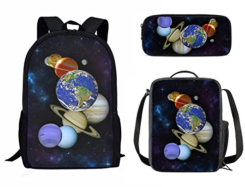 Poceacles 3PCS Set 3D Impreso Mochila Escolar Niños Niños, Niños Niñas Bookbag Sets con Fiambrera y Estuche Lápiz, Planetas universales, talla única