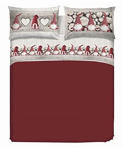 PENSIERI DELICATI Completo Letto Matrimoniale 100% Cotone, Completo Lenzuola Matrimoniali 180x200 Comprensivo di Lenzuolo sotto, sopra e 2 Federe, Made in Italy, Fantasia Gnomi Rosso