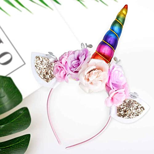 KOOKZ Einhorn Haarreif Mädchen, 1 Stück Blumen Haarreifen mit Ohren und Einhorn Horn, Unicorn Deko Stirnband Kinder Haarschmuck/Head Accessoires für Geburtstag Party Halloween Karneval（Mehrfarbig）