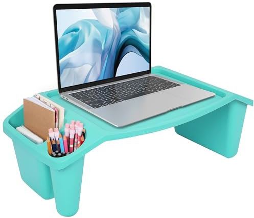 BELLE VOUS Blauer Mehrzweck-Bett Tabletttisch mit 3 Fächern - Tisch Bett mit Seitlichen Aufbewahrungsfächern - Tablett Bett-Tisch für Laptop, Frühstück, Lesen, Notizbücher, Spiele & Mehr