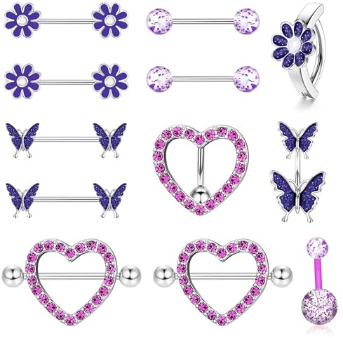 Kakonia Ensemble de Bijoux de Perçage pour Femmes en Acier Chirurgical CZ Papillon Fleur Coeur Barbell Mamelon Piercing Langue Anneaux Corps Piercing Bijoux