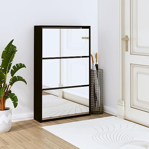 Homgoday Schuhschrank mit Spiegel 3 Fächer Schuhregal Organizer Schuhkommode Aufbewahrung für Schuhe Schuhaufbewahrung Schuhregal für Schrank Eingang Schlafzimmer Flur Schwarz 63x17x102,5 cm