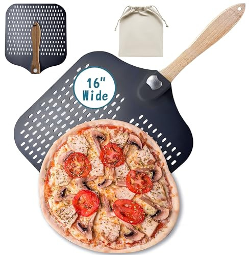 Colenza Pelle à pizza extra large en métal de 40,6 cm, 40,6 x 45,7 cm (l x L), pelle à pizza en aluminium avec poignée en bois pliable et sac de rangement (pelle à pizza perforée de 40,6 cm)