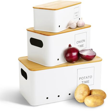 Lannvan Kartoffel Aufbewahrungsbox [3er Set] - Kartoffeln, Zwiebeln und Knoblauch Aufbewahrung - Hält Gemüse Länger Frisch - Kartoffeltopf Zwiebeltopf und Knoblauchtopf mit Lüftungslöchern - Weiß
