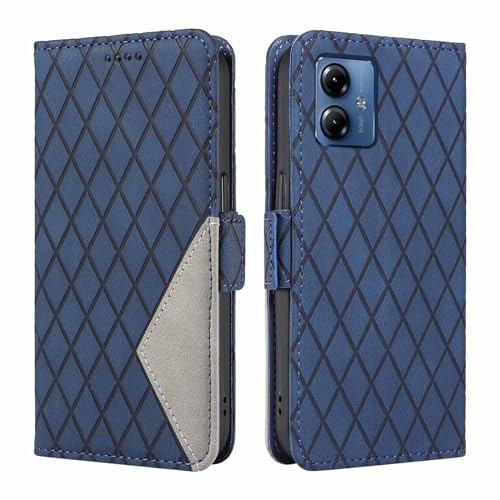WBWONE Funda para Motorola Moto G14 4G, Celosía de Rombo Tipo Libro de Tapa PU Cuero Carcasa Billetera con Función de Soporte y Tarjetas Ranuras - Azul