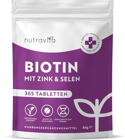 Biotin + Selen + Zink Tabletten für Haut, Haare & Nägel - 365 vegane Tabletten für 1 Jahr - Haar Vitamine für Haarwachstum - Biotin Zink Selen Hochdosiert - Laborgeprüft - Nutravita