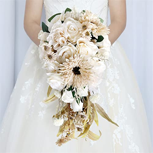 Fouriding Brautsträuße für Hochzeit Künstliche Blumen Creme weiße Rose Hochzeitsstrauß Wasserfall Romantischer Wassertropfen Hochzeitsstrauß für Zeremonie Jubiläumsbrautdusche Party