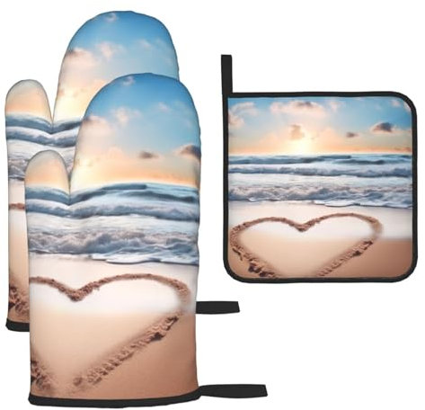 Set di 3 guanti da forno e presine a forma di cuore romantici da spiaggia, resistenti al calore, set di presine, guanti da cucina extra lunghi antiscivolo, cuscinetti caldi per cucinare e barbecue