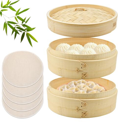 HEKOBAG Vaporera de Bambú de Dos Niveles, 20 Cm, Cesta de Vapor de Alimentos, Incluye Tapa y 2 Cestas