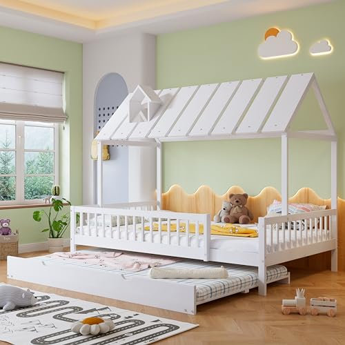 HAINEW Hausbett Kinderbett 120 × 200cm mit 120 × 190cm Ausziehbares Rollbett und Rausfallschutz, Weiß Holzbett Lattenrost und kaminförmiges Dach für Kinder, Jugendliche