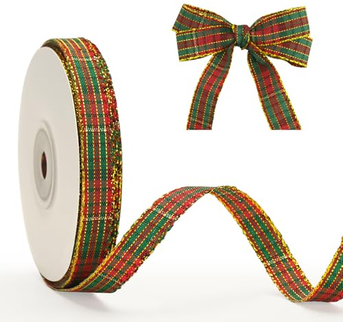 G2PLUS Rot und Grün Geschenkband 10mm, Schmal Weihnachten Karoband mit Goldkante, 22m Plaid Weihnachten Bänder für Geschenke, Dekoband zum Weihnachtskränze, Weihnachtsbaum Deko