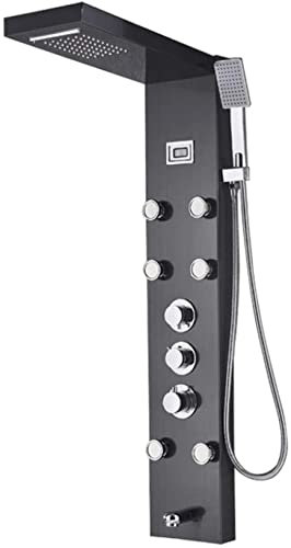 Duschsystem, Thermostatmischer, gebürstetes Nickel, Duscharmatur, Panel, Niederschlag, Wasserfall, Massagedüsen, Duschsäule, Badezimmer-Duschmischer, Duschset, Schwarz-Schwarz-Dekoration