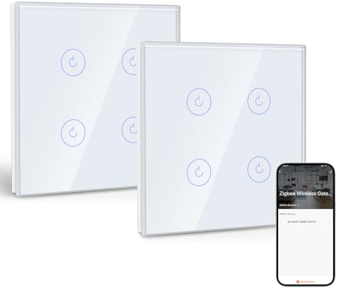 BSEED Smart ZigBee Unterputz Lichtschalter 4 Fach 2 Weg, intelligenter Wandschalter mit Alexa und Google Home, Touchscreen Schalter mit Glaspanel(Neutralleiter, Hub Gateway erforderlich) Weiß 2 Stück