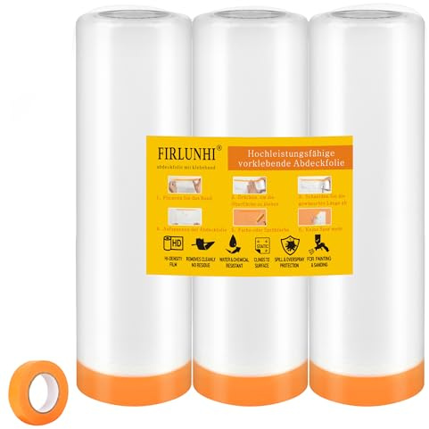 FIRLUNHI Abdeckfolie mit Klebeband, 3 rolls of 240CM x 8M,abdeckfolie maler,abdeckfolie auto lackieren,Selbstklebende folie,Für Wandanstriche, Schutz von Autolacken, Staubschutz für Möbel
