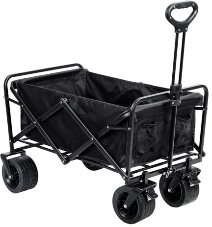 Chariot Pliant de Transport, Chariot de Plage Pliable avec Roues Tout-Terrain, Chariot de Jardin avec Poignée Réglable, Chariot de Camping Compact pour Courses, Capacité 150 kg (Noir)