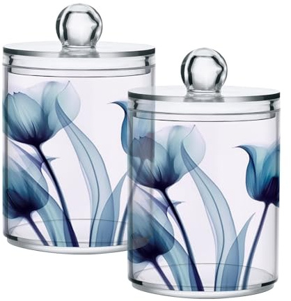 Paquete de 2 botes de almacenamiento para baño, dispensador de flores de tulipán azul, organizador de maquillaje transparente, almohadillas de bolas de algodón, hisopos, contenedores de hilo dental