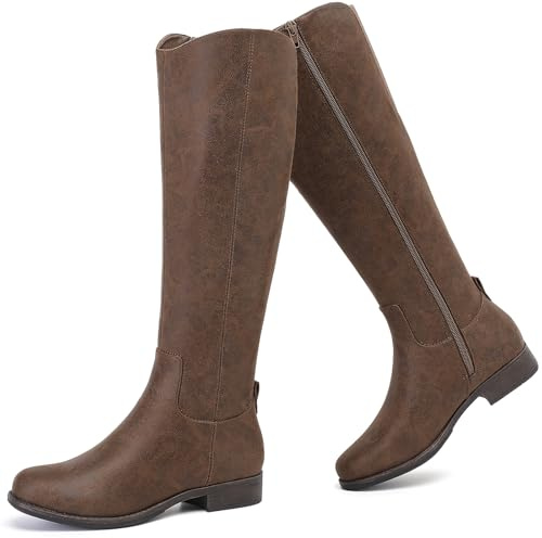 Ruiee Knee High Boots for Women Comfort Stylish Casual Round Toe Tall Riding Combat Boot Classic Fashion Fall Winter Knee-High Flat Boots.1873909 Brown BMF Size8.5