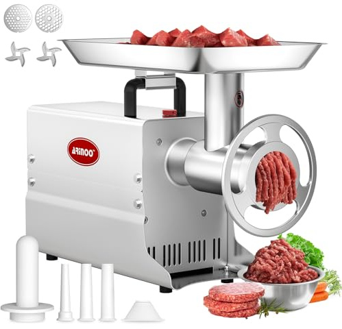 ARINOO Commercial Electric Meat Grinder #22, 1.2HP Heavy Duty Stainless Steel Meat Mincer with 2 Blades, 2 Plates & 3 Stuffing Tubes,Sausage Stuffer Machine for Home Kitchen & Restaurant Use