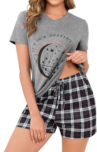 Crewhpo Set Pigiama Estivo Donna Cotone Due Pezzi con Scollo a V, Manica Corta e Pantaloncini a Quadri, Leggero da Casa S-XXL
