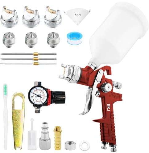 HVLP Pistolet a Peinture avec 3 Buses 1,4/1,7/2,0mm Régulateur d'air Coupelle 600cc Pistolet à Pulvérisation à Alimentation par Gravité, HVLP Meubles de Voiture Pistolets de réparation (Rouge)