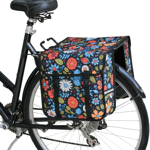 BikyBag Classic CE - Double Bicycle Panniers - 26L Water-Resistant Bike Pannier Bag for Rear Rack | Commuter & Shopping Cycling Bag (Wildflowers)