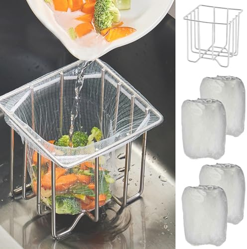 Kitchen Sink Strainer, Sink Strainer Basket&200pcs Large Size Mesh Bags | Sink Food Catcher with Drain Net Bags, Meshmate Waste Rack Trash Catcher for Garbage Leftovers