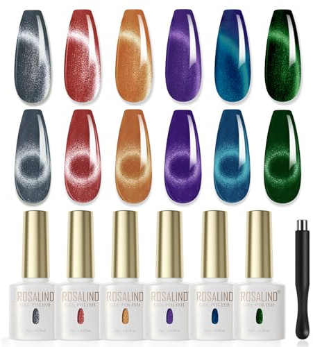 ROSALIND Smalto Semipermanente Unghie, 6 Colori Cristallo Cat Eye Effetto Rosso Viola Blu Verde Grigio Smalto Gel Unghie UV Magnetico Smalti Gel Nail Polish per Principianti e Professionisti