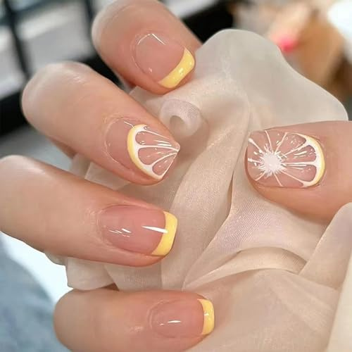 CharmBurst 24 pièces carrées à Coller Ongles été, Faux Ongles Courts avec Citron, Ongles Autocollants, Ongles artificiels