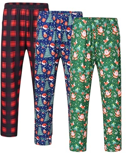 MoFiz Pyjamasbyxor herr bomull långa rutiga byxor med fickor, 3-pack-jul, XL