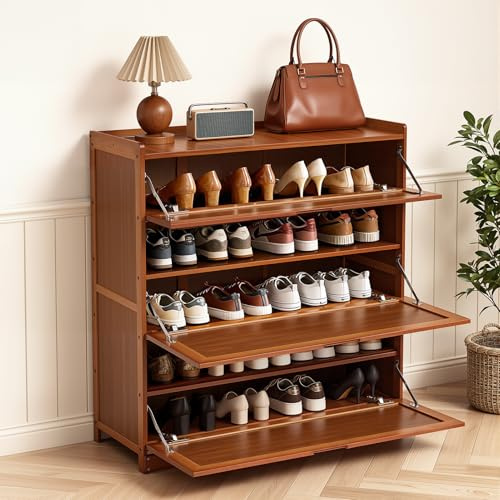 Warmiehomy Shoe Storage Cabinet, 5-Tier Shoe Cupboard with Pull Down Doors | Shoe Cupboards for Hallways, Brown Shoe Cabinet with Doors, Bamboo Cupboard for Shoes, Shoe Storage Cabinet for Entryway
