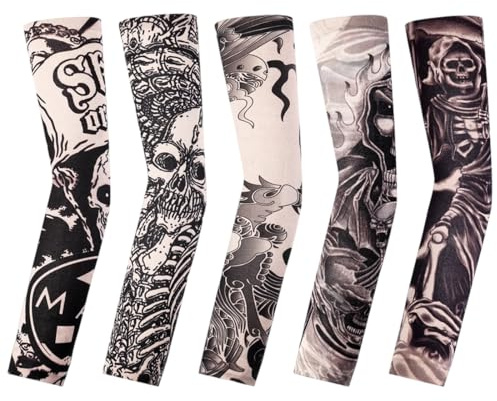 AEKZOX 5 pièces Manchons de Tatouage,Manchette Bras, Manchettes de Bras Faux,Tatouages temporaires Manches en Nylon pour Fête,Halloween,Carnaval