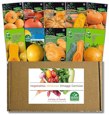 Nojus - Kürbissamen Sammlung 10 Sorten von Gemüsesamen: Giant, Muskat & Zierkürbisse – Atlantic Giant, Muscat de Provence, Uchiki Kuri - Kürbis selbst aus Samen ziehen, Kürbis samen für Halloween